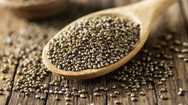 Chia seeds in a wooden spoon on rustic table with scattered seeds nearby