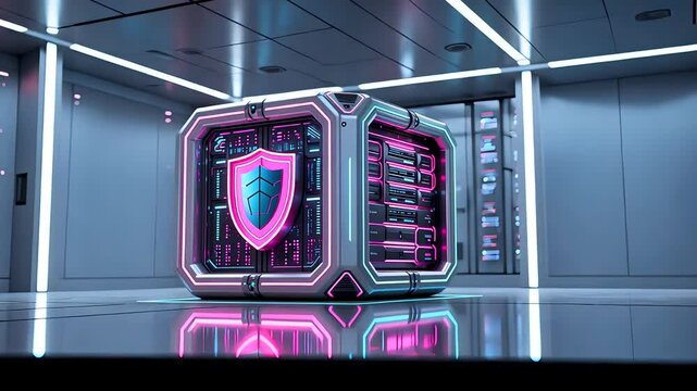 Futuristic Data Cube With Shield Hologram In Secure Server Room