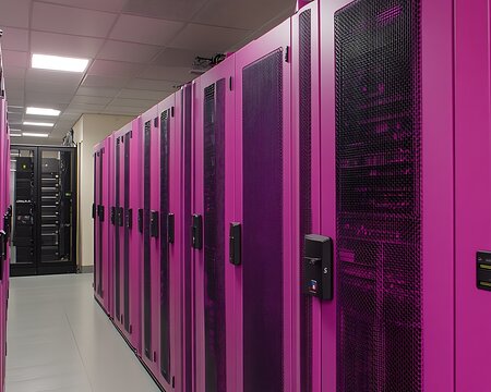 A long row of pink server cabinets in a data center
