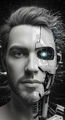 Close-up vertical view of a half human, half robot face with futuristic details and high-tech digital background lighting