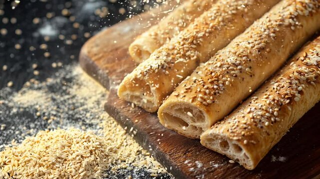 Freshly baked Italian grassini are elegantly arranged on a rustic wooden board.