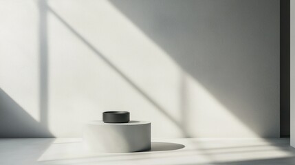 A minimalist retail product display featuring a single item on a plain pedestal with dramatic, focused lighting.