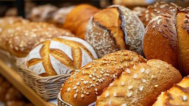 In a cozy german bakery, a variety of mouthwatering loaves of bread are freshly baked and displayed on wooden shelves. The warm, inviting aroma fills the air, enticing customers.