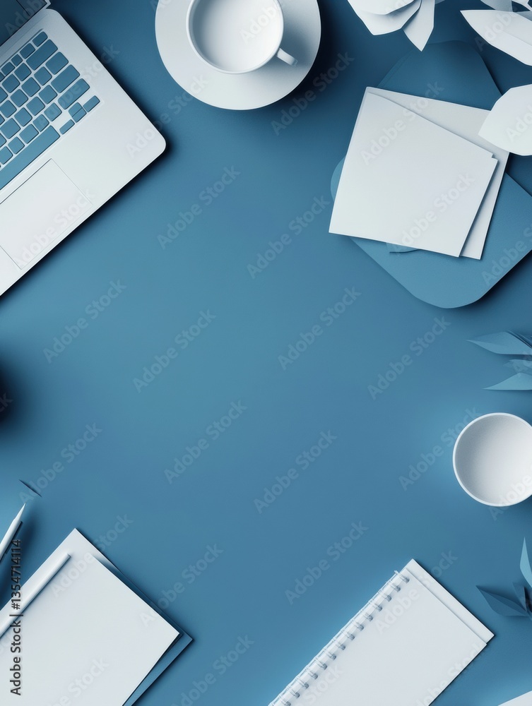 Poster creative office workspace with clean paper art elements and professional office accessories in 3d la