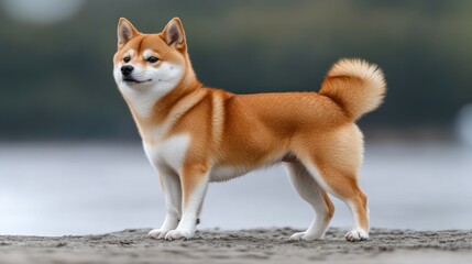 Shiba Inu Dog Standing on Sandy Shore