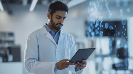 young South Asian doctor in his early 30s is focused on using digital tablet in modern medical facility, with futuristic interface overlay