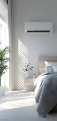 40. A mounted air conditioning unit in a clean, minimalistic bedroom