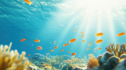 Naklejka premium Underwater Paradise: A vibrant underwater scene teems with life, featuring schools of vibrant fish darting around colorful coral reefs. Sunlight streams down through the clear water.