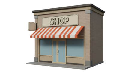 Isolated Shop Front with Striped Awning and Glass Door