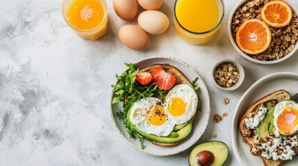 Flat-lay of breakfast spread with avocado toast, poached eggs, granola bowl, and orange juice on a marble background