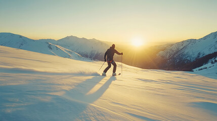 Adventurous skier gliding across snowy mountain peak at sunset, casting long shadow; epic winter sports scene.