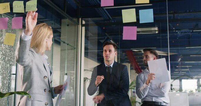 A group of business people in the office discuss tasks on a glass board. The team plans and prioritizes the project. Brainstorming concept, agenda, board meeting, employee engagement