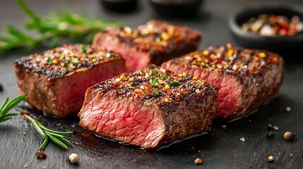 Juicy Grilled Steaks for Dark Slate, Herbs.