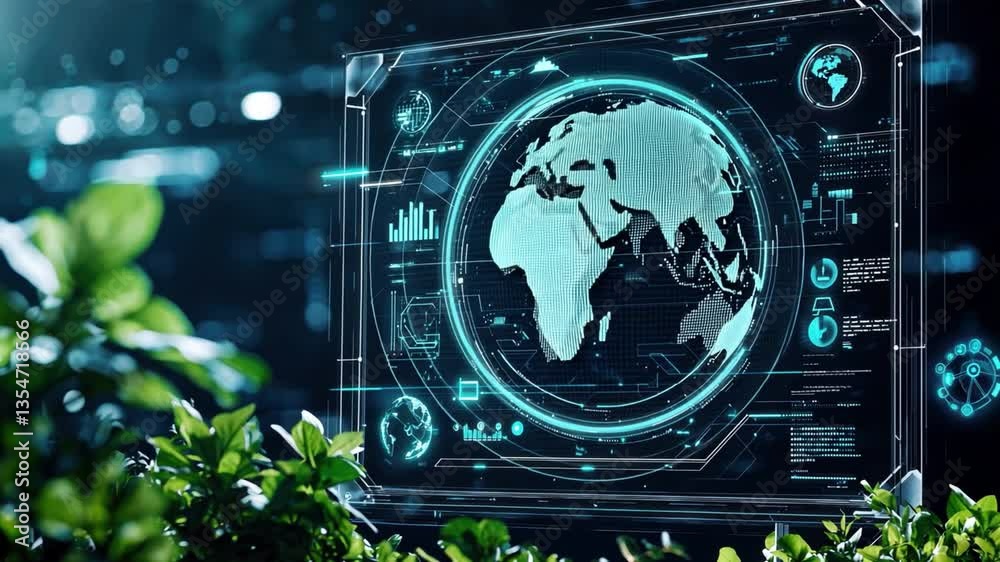 Poster digital world map visualization with data analytics and greenery in futuristic environment for techn