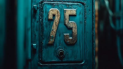 Weathered teal metal plate with number 75.