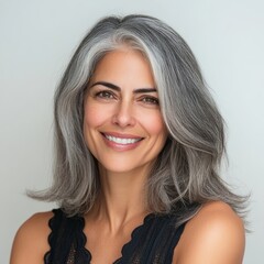 Fototapeta premium Confident elderly woman with gray hair smiling warmly, copy space