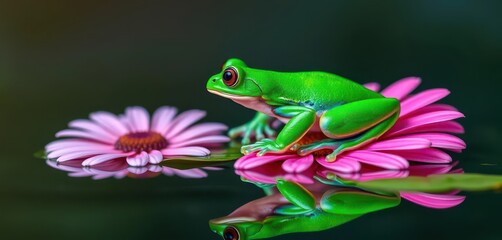 Vibrant green peacock tree frog perched on a pink gerbera daisy reflected in still water, amphibian, plant