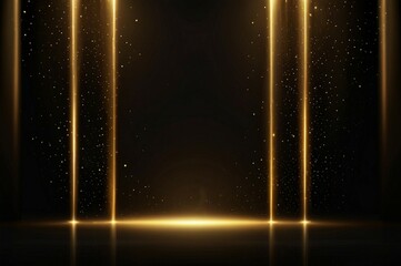 Stage opening golden stage glitter with spotlights and luxury gold light streak. Particle luxury for ceremony background