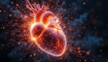 Fiery Human Heart with Energy Burst.