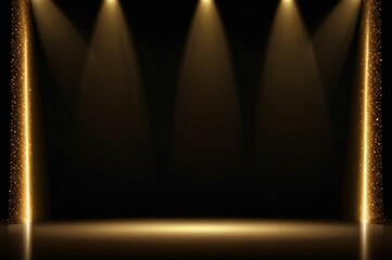 A luxurious event stage with multiple golden spotlights beaming down onto a polished wooden floor and black background