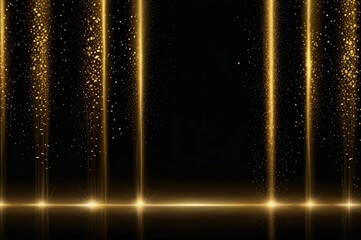 A luxurious event stage with multiple golden spotlights beaming down onto a polished wooden floor and black background