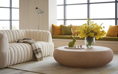 Modern Comfortable Living Room with Plush Ribbed Sofa, Round Textured Coffee Table, Green Ceramic Rabbit and Pastel Eggs, Cozy Window Seat, Yellow Floral Bouquet, Neutral Decor