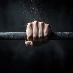 Strong Grip on Barbell with Dark Background and Water Droplets