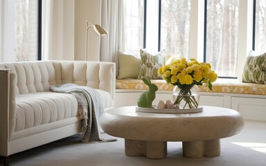Modern Comfortable Living Room with Plush Ribbed Sofa, Round Textured Coffee Table, Green Ceramic Rabbit and Pastel Eggs, Cozy Window Seat, Yellow Floral Bouquet, Neutral Decor