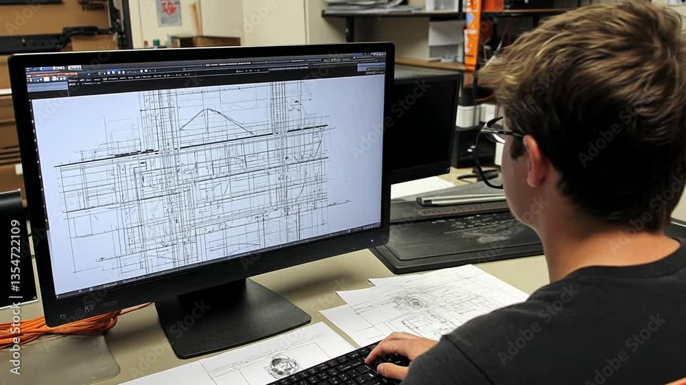 Poster engineer works on cad software to design technical drawings generative ai