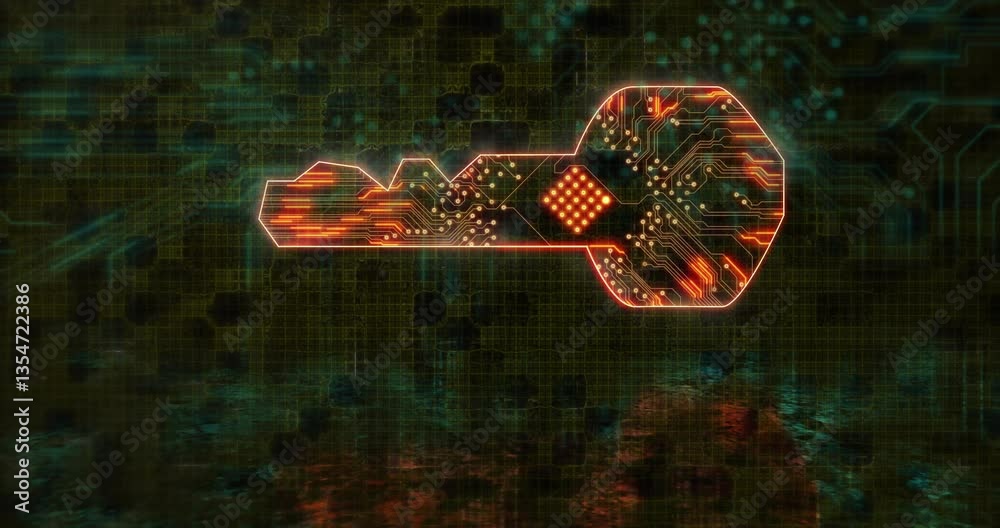  animation of glowing digital key with circuit patterns on tech background