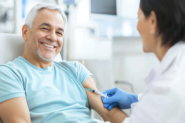 Obraz premium male patient is smiling while receiving injection from healthcare professional. scene conveys sense of comfort and trust in medical setting