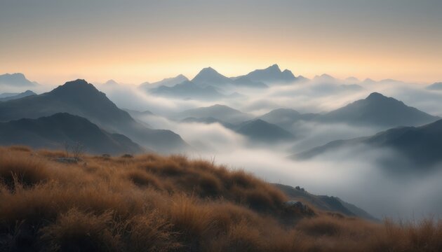 Misty mountain range at sunrise with rolling clouds and tranquil landscape