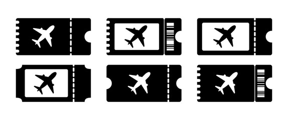 Airplane Ticket vector symbol, Black Icon set, Isolated Journey and Travel illustration, Bording pass graphic elements for Web, Banner and Business use, Business pictogram, Vacation sign