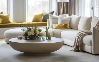 Plush Neutral Sofa with Mustard Green Cushions, Round Coffee Table Floral Centerpiece, Green Ceramic Rabbit and Pastel Eggs, Cozy Window Seat, Natural Light Living Room Decor