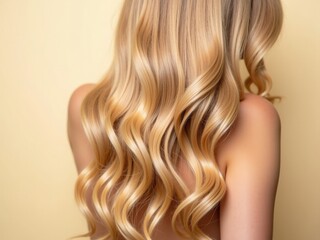 Obraz premium Blonde wavy hair cascading down a bare back against a beige background