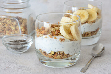 Healthy and Delicious Yogurt Parfait with Granola, Banana and Chia Seeds