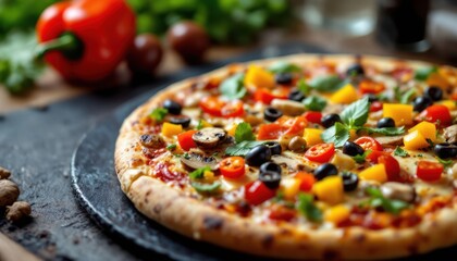 Delicious vegetable pizza with olives, peppers, and mushrooms on rustic table