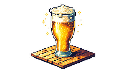 a large glass of golden brown beer with foam, served on a wooden plate pixel art style illustration