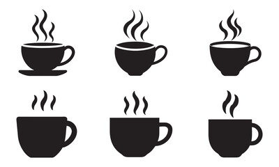 Hot Coffee Cups Icons Set, Hot drink icon. Disposable cup. Cup coffee with steam. Flat style. Vector Illustration