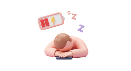 Isolated 3D Render of Exhausted Person with Low Battery Icon