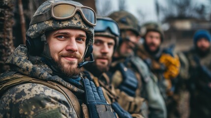 Obraz premium Camouflaged soldiers in winter gear and helmets with young bearded male smiling