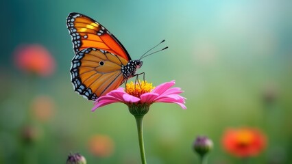 Naklejka premium Butterfly is sitting on a pink flower. The flower is surrounded by other flowers, creating a colorful and vibrant scene