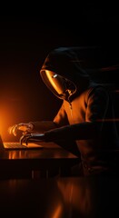 Hacker robot in futuristic cyber tech space with floating data and dark high technology