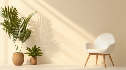 Modern Minimalist Interior with Sunlit Houseplants and Stylish White Armchair