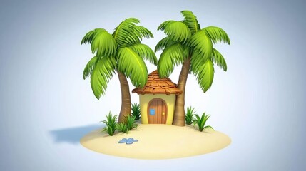 Obraz premium Tropical hut with palms on sandy island under sky, for holiday vacation, travel, and summer background