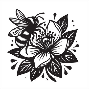 black and white bee on flower clip art preview
