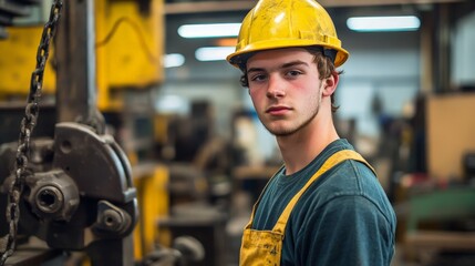 Worker with safety helmet standing by heavy industrial machinery