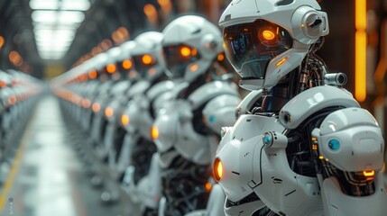 Fototapeta premium Futuristic humanoid robots in line with glowing orange eyes in industrial setting