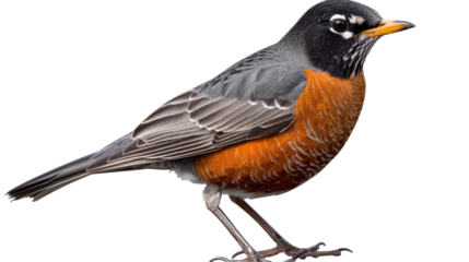 American Robin's Distinctive Look: A striking portrait of an American Robin, showcasing its signature orange breast, grey back, and black head. The bird stands with poised grace.