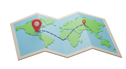 Isolated Stylized World Map with Travel Route and Location Pins